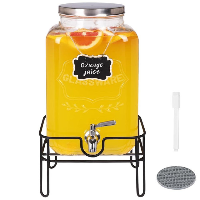 Moretoes Glass Drinks Dispenser for Parties, 2 Gallon Beverage Dispenser with Stand for Juice and Iced Tea, Water Jug Dispenser for Lemonade, Party Essential Beverage Pitcher with Spout