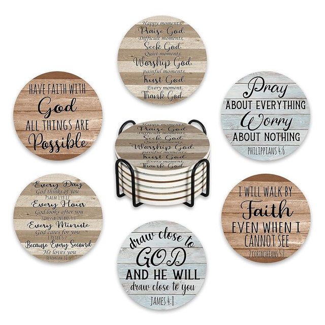 Paayna Christian Ceramic Coasters with Holder Set of 6, Religious Faith Quote Bible Verse Absorbent Drink Cup Mat for Coffee Table Protection, 4'' Farmhouse Rustic Home Kitchen Decor Housewarming Gift