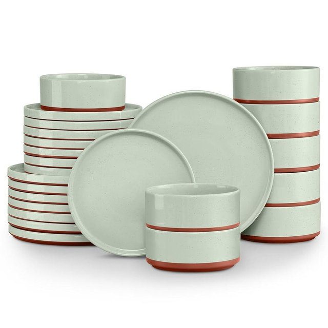 LIANYU Stoneware Dinnerware Sets Service for 8, 24 PCS Plates and Bowls Sets, Handmade Ceramic Dish Set, Highly Chip and Crack Resistant Modern Plate Set, Laurel Green
