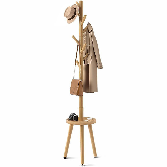 GREENSTELL Coat Rack, Wooden Coat Rack Freestanding with Shelf, Coat Tree with 4 Height Options 50.5"-72.6" for Clothes/Bag/Hats, Hanger Stand for Entryway/Living Room/Bedroom/Office, Natural