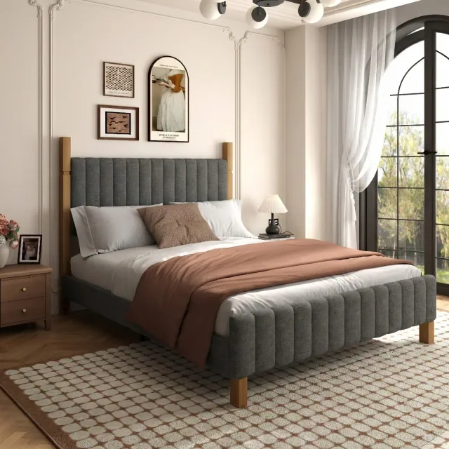 Brafabhome Queen Bed Frame with Upholstered Headboard, Wood Bed Frame with Solid Wood Posts, No Box Spring Needed, Gray Linen