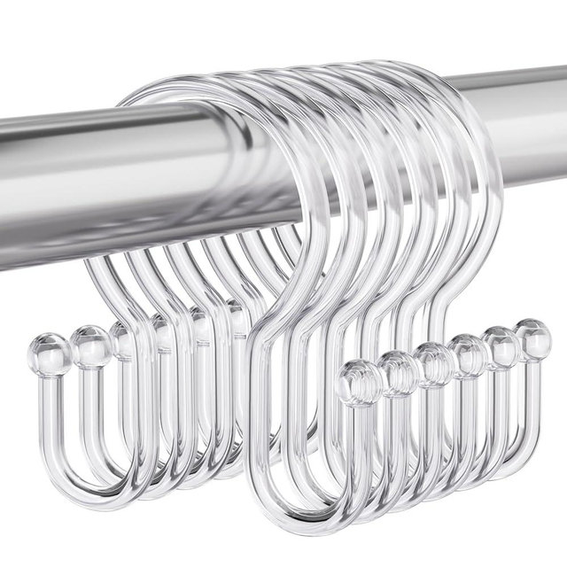 Bathway Shower Curtain Hooks, 12Pcs Plastic Shower Hooks for Shower Curtain, Clear Double Hook Shower Curtain Hooks Rust Proof Shower Curtain Hangers