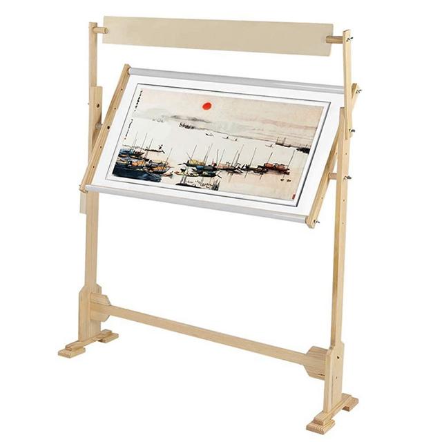 Adjustable Embroidery Stand, Wooden Frame Cross Stitch Floor Stand 360° Rotated Needlework Stand Holder Lap Table Craft Sewing Tool with Scroll Frame