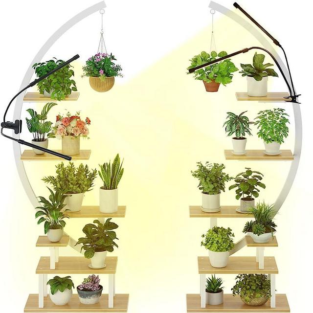GREENSTELL Plant Stand, Half Moon Multiple Tiered Metal Plant Shelf With Grow Light, 6 Tier Curved Ladder Flower Pot Stand Display Rack for Indoor Living Room Patio Garden Balcony White (2 Pack)