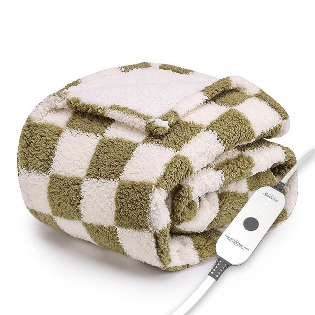 Sunbeam Printed Royal Sherpa Foot Pocket Heated Throw Electric Blanket, 50" x 60", 4 Heat Settings, 4-Hour Auto Shut-Off, Warming Cozy Throw for Couch or Bed, Machine Washable, Sage Checkerboard