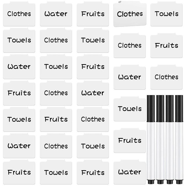 Chrisfall 34 Pcs White Basket Labels Clip on, Removable Hanging Bin Labels for Storage Bin with Chalk Markers for Basket Kitchen Pantry