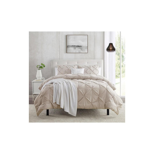 Nestl 3 Piece Pinch Pleated Duvet Cover Set, Queen Size Double Brushed Pintuck Duvet Cover with Button Closure, Linen