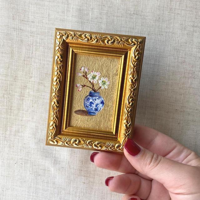 Chinoiserie vases oil painting 2*3” in a frame, Painting on gold leaf, White and blue decor, Miniature original painting Small kitchen art
