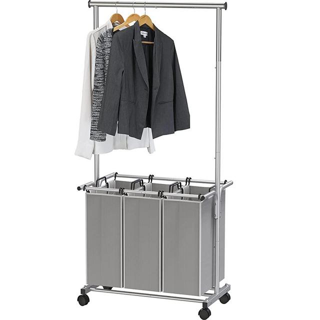 SimpleHouseware Garment Rack with 3 Bag Laundry Sorter, Grey