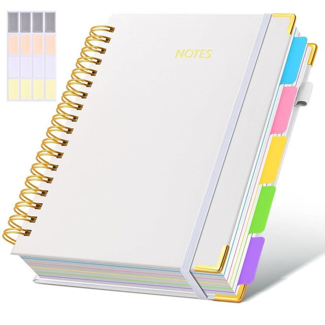 Hardcover Spiral Notebook Journal with Removable Dividers Tabs, 300 Pages Leather 5 Subject Notebook College Ruled, 8"x10" Large B5 Notebooks for Work School Note taking, Lined Journal for Women, White