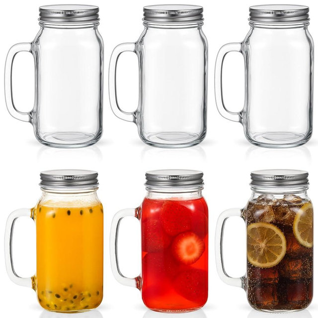 LemonRoad 6 Pcs 24 oz Mason Jar Cups with Handle and Lids Large Mason Jar Drinking Glasses Iced Coffee Cup with Lids and Handles Glass Mugs for Party Beverages Coffee Bar Accessories Gifts (Clear)