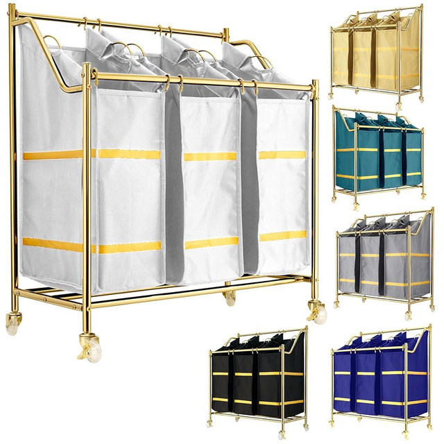 LUXURY STYLE 3- Sections Laundry Sorter, Roling Laundry Cart, Modern Golden Hamper, 3-Bags Organizer with Wheels, Laundry Basket, XL Hamper for Clothes, Toys, and Towels (Classic White)