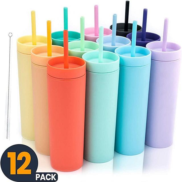 SKINNY TUMBLERS (12 pack) Matte Colored Acrylic Tumblers with Lids and Straws | Skinny, 16oz Double Wall Plastic Tumblers With FREE Straw Cleaner! Reusable Cup With Straw | Vinyl DIY Gifts