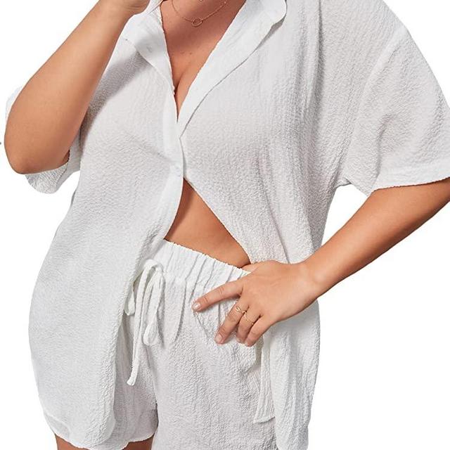 MakeMeChic Women's Plus Size Casual 2 Piece Outfits Long Sleeve Button Down Blouse and Shorts Set