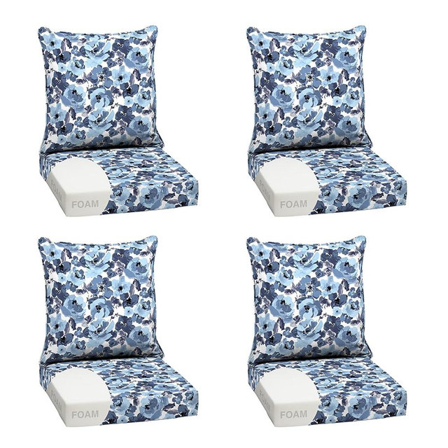 Arden Outdoor Foam Deep Seat Cushion Set (4-Pack), 24x24, Premium High-Density Foam, Never Flattens, Weather-Proof for Patio Chair Sofa Couch, Blue Garden Floral