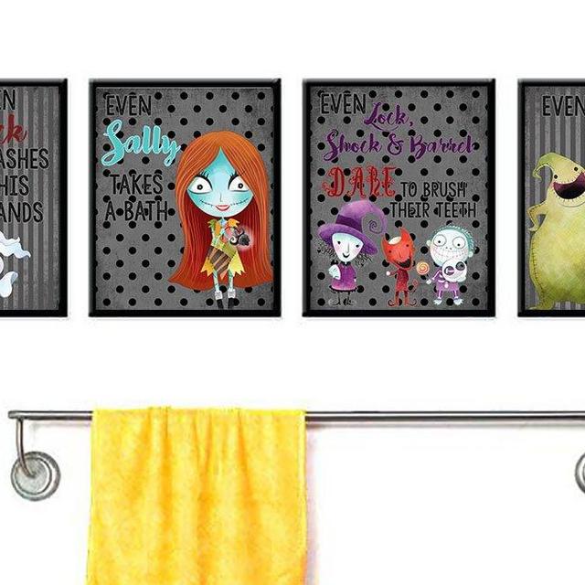 Silly Goose Gifts Even A Nightmare Will Brush Teeth Take A Bath Wash Hands Bathroom Character Wall Art Decor (Set of Four)