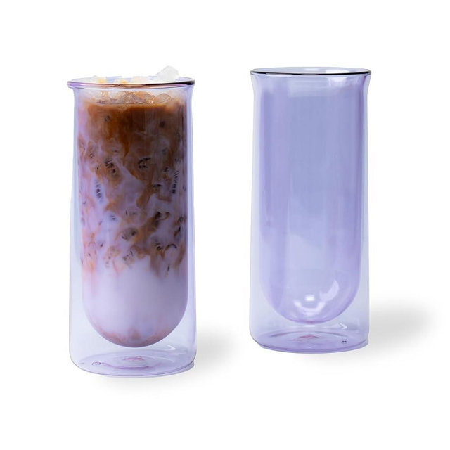 FLUR Iced Coffee Glasses (Set of 2) Perfect for Iced Coffee, Cold Brew & Lattes – Double-Walled Borosilicate Glass – For Hot & Cold Drinks – Lightweight & Easy to Clean – 15.5oz (Purple)