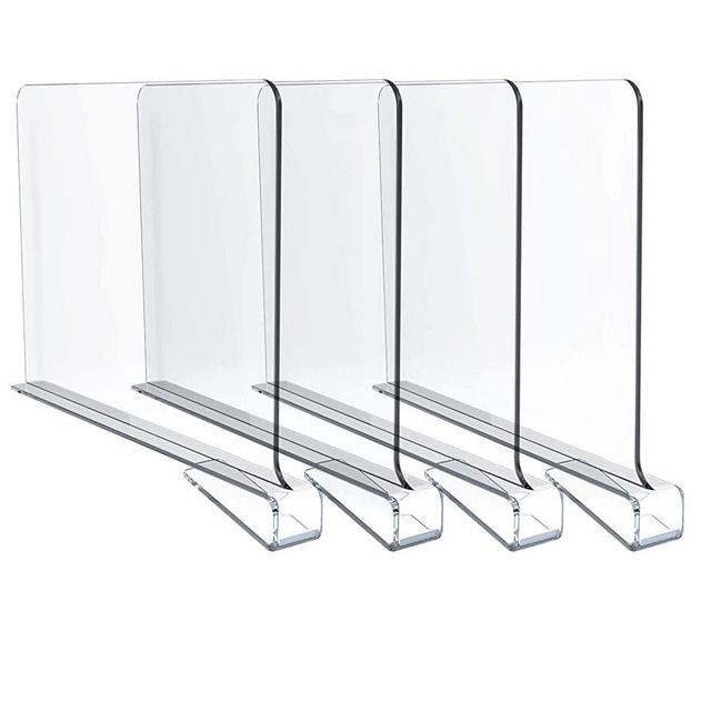 Jucoan 4 Pack Clear Acrylic Shelf Dividers for Closet, Easy Installing Wood Shelves Organizer Closet Separators for Storage and Organization in Bedroom, Kitchen and Office