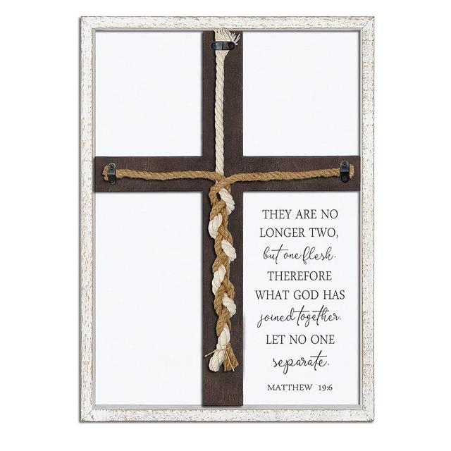 Matthew 19:6 What God Has Joined Sign 15"X10" Cord of Three Strands Unity Cross Braid for Wedding Ceremony Ideas Wood Frame Christian Marriage Gifts Decor for Couple Anniversary Religious (White)