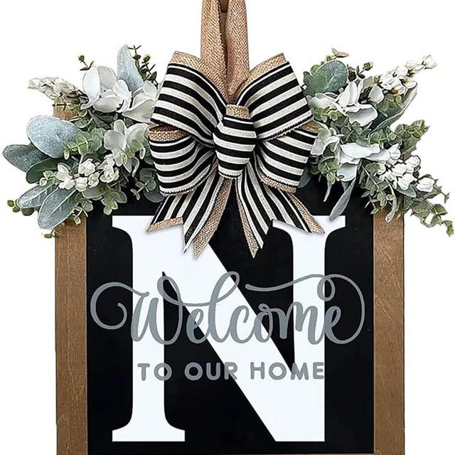 Last Name All Year Round Front Door Wreath,Front Porch Decoration 26 Letter Welcome Wreath, Eucalyptus and Bow Wreath for Spring, Summer, Autumn, Winter, Wall Window, Porch Farmhouse Decoration（N）