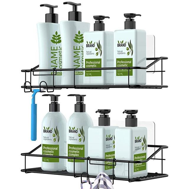 Nieifi Shower Caddy Shelf with Hooks Storage Rack Organizer Adhesive Stainless Steel without Drilling for Bathroom, Lavatory, Washroom, Restroom, Shower, Toilet, Kitchen - 2 Pack (Black)