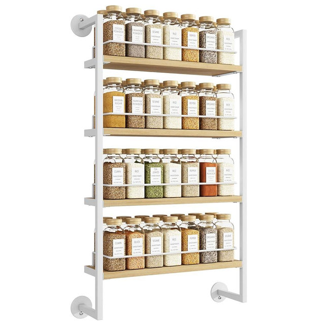 IBUYKE Spice Rack Wall Mount,4 Tier Hanging Seasoning Organizer,Spice Rack for Wall for up to 50 Jars,Spice Organization for Kitchen Cabinet,Living Room,Bathroom,Pantry,Natural TLJ016R