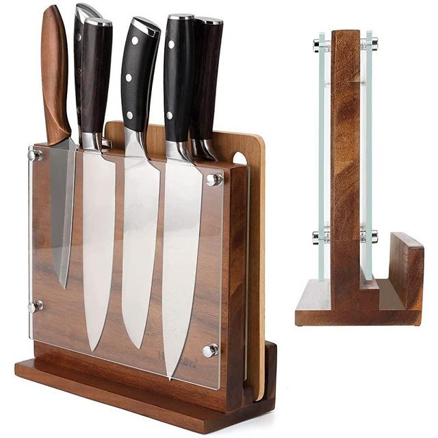 Kitchen Magnetic Knife Block with Acrylic Shield Double Side Knife Holder Rack Magnetic Stands with Strong Enhanced Magnets Multifunctional Storage Knife Stand for Kitchen Cutlery Display Organizer