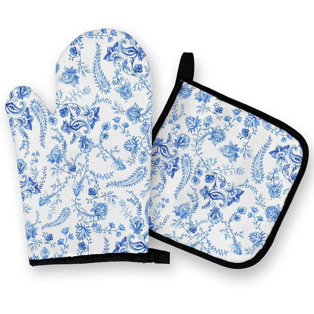 OHSUL Blue and White Porcelain Oven Mitts and Pot Holders Set, Blue and White Chinoiserie Kitchen Decor, Heat Resistant Oven Gloves Hot Pads for Cooking, Baking, Grilling