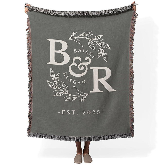 Studio Sam Personalized Woven Wedding Blanket with Monogram Names, Custom Tapestry for Couples, Anniversary, Engagement Gift (Gray, 80" x 60" Large)