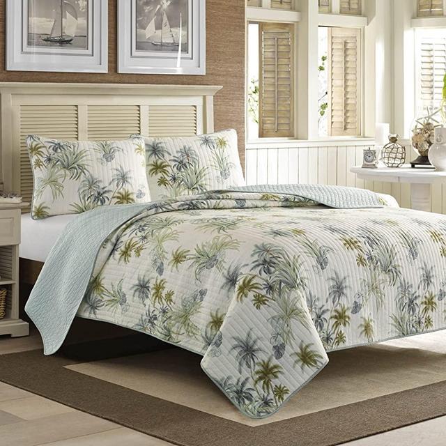 Tommy Bahama - King Quilt, Cotton Reversible Bedding, Pre-Washed for Added Softness (Serenity Palm Blue, King)