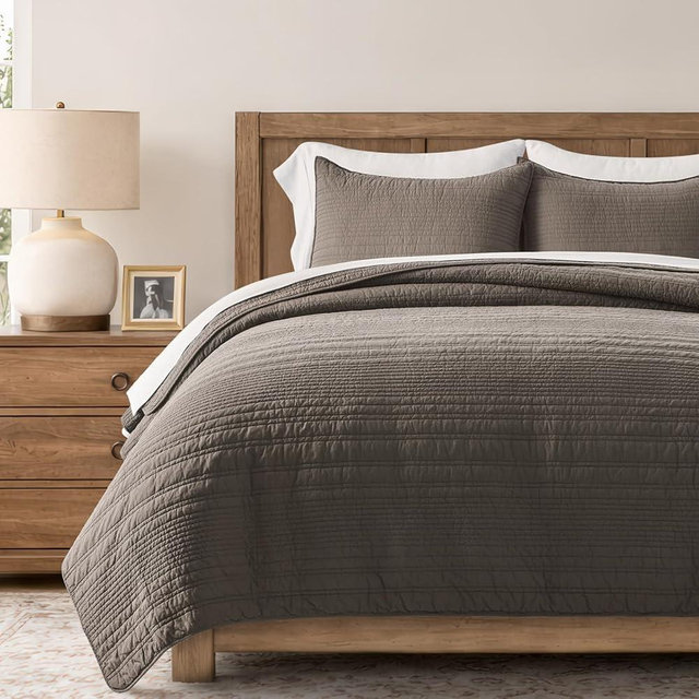 EVERGRACEHOME 100% Cotton Modern Lines Quilt Set King Size, Pre-Washed Soft Striped Coverlet Bedspread, 3 Piece Lightweight Bedding Set for All Season, with 2 Pillow Shams, Mushroom Brown