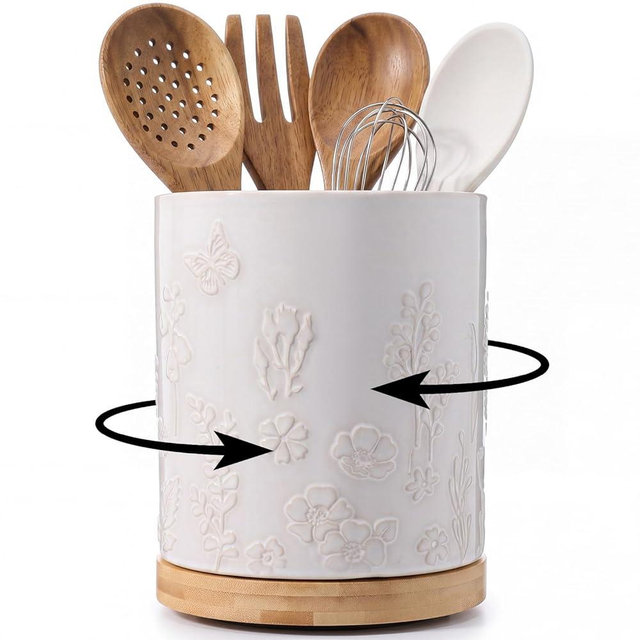 360° Rotating Extra Large Ceramic Utensil Holder 7.7" Kitchen Utensil Holder with Embossed Pattern Cooking Utensils Crocks for Kitchen Countertop