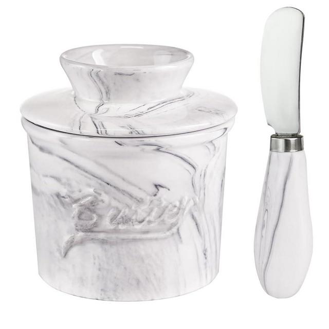 Ceramic Butter Crock with Lid & Spreader Knife, Butter Keeper - Ideal Butter Storage & Countertop Butter Dish, Marble White