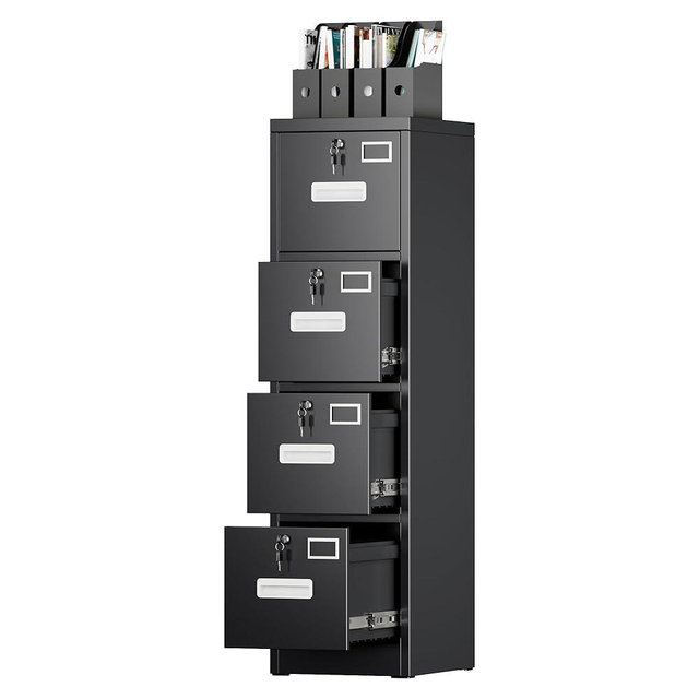 SUXXAN 4 Drawer File Cabinet, Metal Vertical Black Filing Cabinets with Locks Name Card Holder for Home Office, Assembly Required