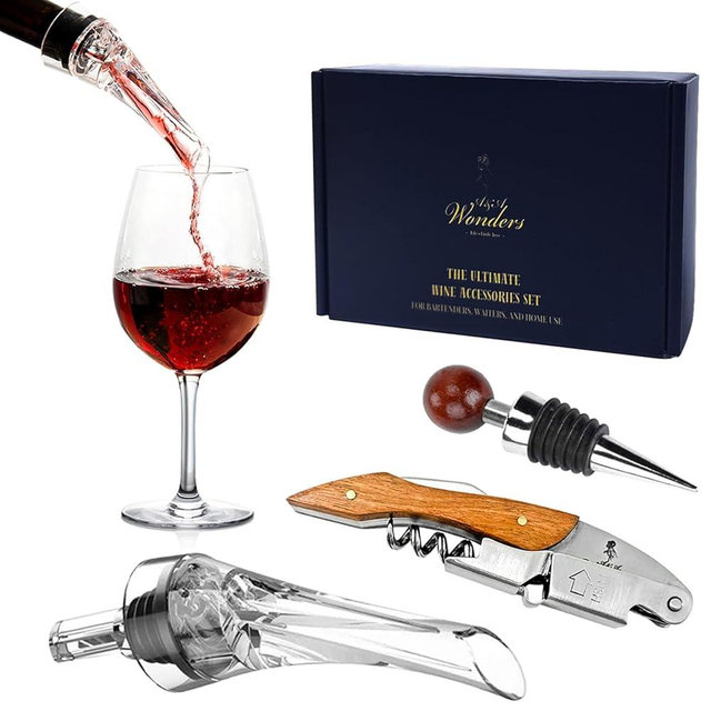 A&A Wonders Wine Accessories Set, Featuring 3 in-1 Multifunctional Waiters Corkscrew Bottle Opener, Wine Aerator Pourer Spout & Decanter, Air-Tight Wine Stopper.
