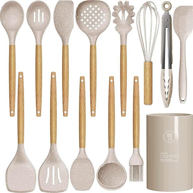Khaki Granite Pattern Silicone Cooking Utensils Set - Wooden Handle Kitchen Utensil with Holder - Turner, Tongs, Spatula, Spoon, Brush, Whisk - 446°F Heat Resistant, BPA Free for Nonstick Cookware