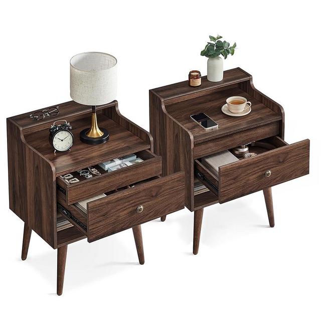 VASAGLE Nightstands, Set of 2, Bedside Tables with Hidden Drawers, Mid-Century End Tables with Solid Wood Legs, Side Tables for Bedroom, Natural Walnut ULET624K01
