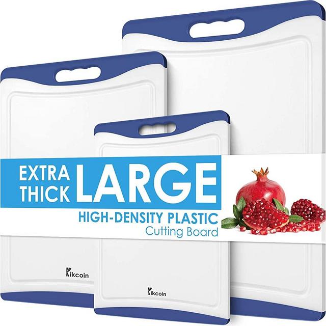 Extra Large Cutting Board, Plastic Cutting Board for Kitchen Dishwasher Safe Non Slip Chopping Board Set of 3 with Juice Grooves, Easy Grip Handle, Blue, Kikcoin