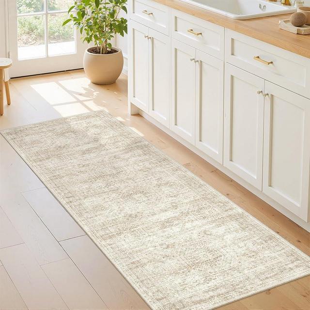 Restydon 2x5 Rug Runner Washable for Entryway, Soft Bathroom Rugs with Non-Slip Backing, Abstract Low Pile Hallway Runner, Vintage Small Kitchen Carpet for Stair, Laundry Room(2'x5', Beige/Ivory)