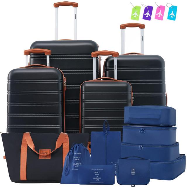 4 PCS Expandable ABS Hard Shell Luggage Set with Spinner Wheels and TSA Lock + Travel Bags, Black - ModernLuxe