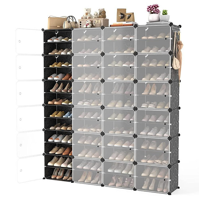 Portable Shoe Rack Organizer with Door, 96 Pairs Shoe Storage Cabinet Easy Assembly, Plastic Adjustable Shoe Storage Organizer Stackable Detachable Free Standing Shoe Rack DIY Expandable 12 Tier Black