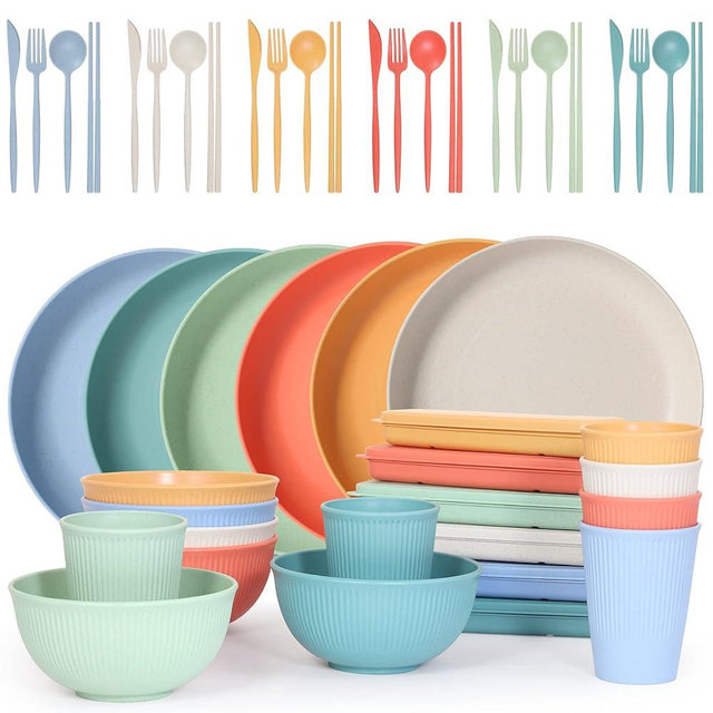 Becutlery Wheat Straw Dinnerware Sets, Unbreakable Dinnerware Set for 6,Reusable Lightweight Tableware Dinner Dishes, Bowls, Cups, tableware, 24pcs Dinnerware Microwave & Dishwasher & Kids Safe