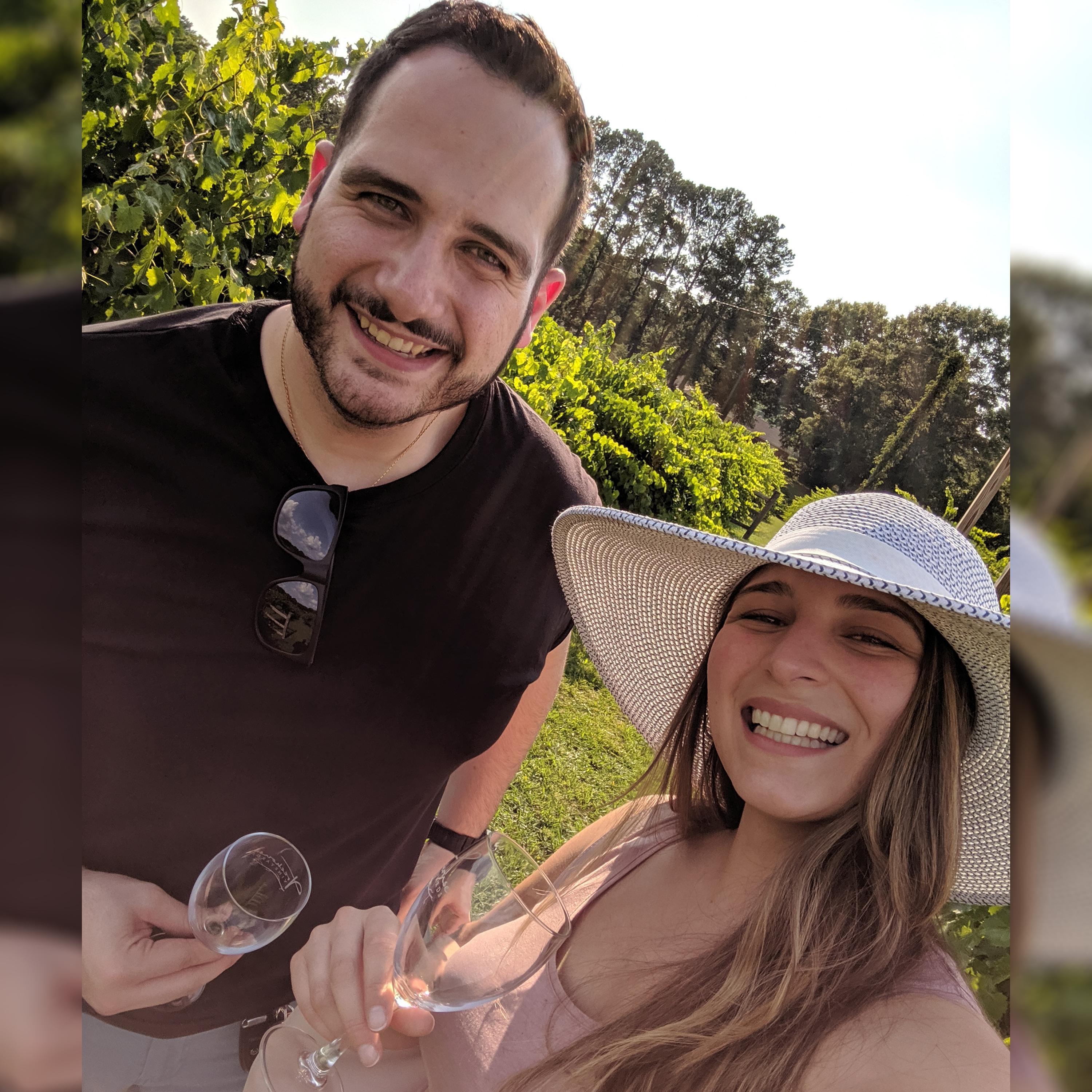 Enjoying the afternoon at the Treehouse Vineyards in Monroe, NC 2019. Can you tell by our empty glasses?