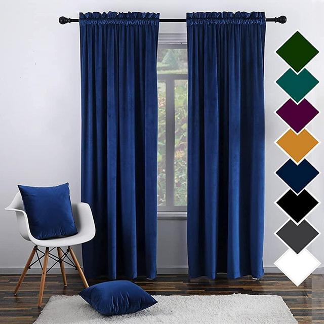 Twin Six Super Soft Blackout Velvet Curtains with 2 Pillow Case,Thermal Insulated Solid Heavy Rod Pocket Window Drapes for Living Room (Navy Blue, 52"x63",2 Panels)