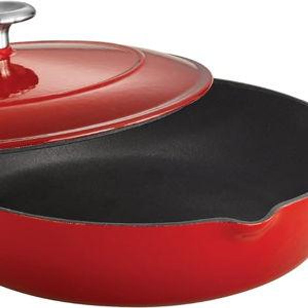Tramontina Enameled Cast Iron Skillet with Lid, 10-inch Frying Pan, Red