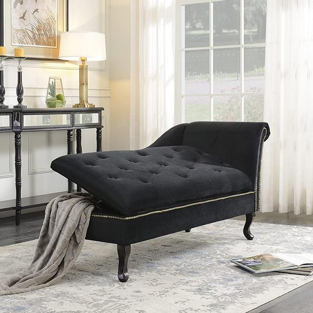 BELLEZE Velveteen Button Tufted Storage Spa Chaise Lounge Chiar Couch for Bedroom Living Room Fold Open Lid, Black