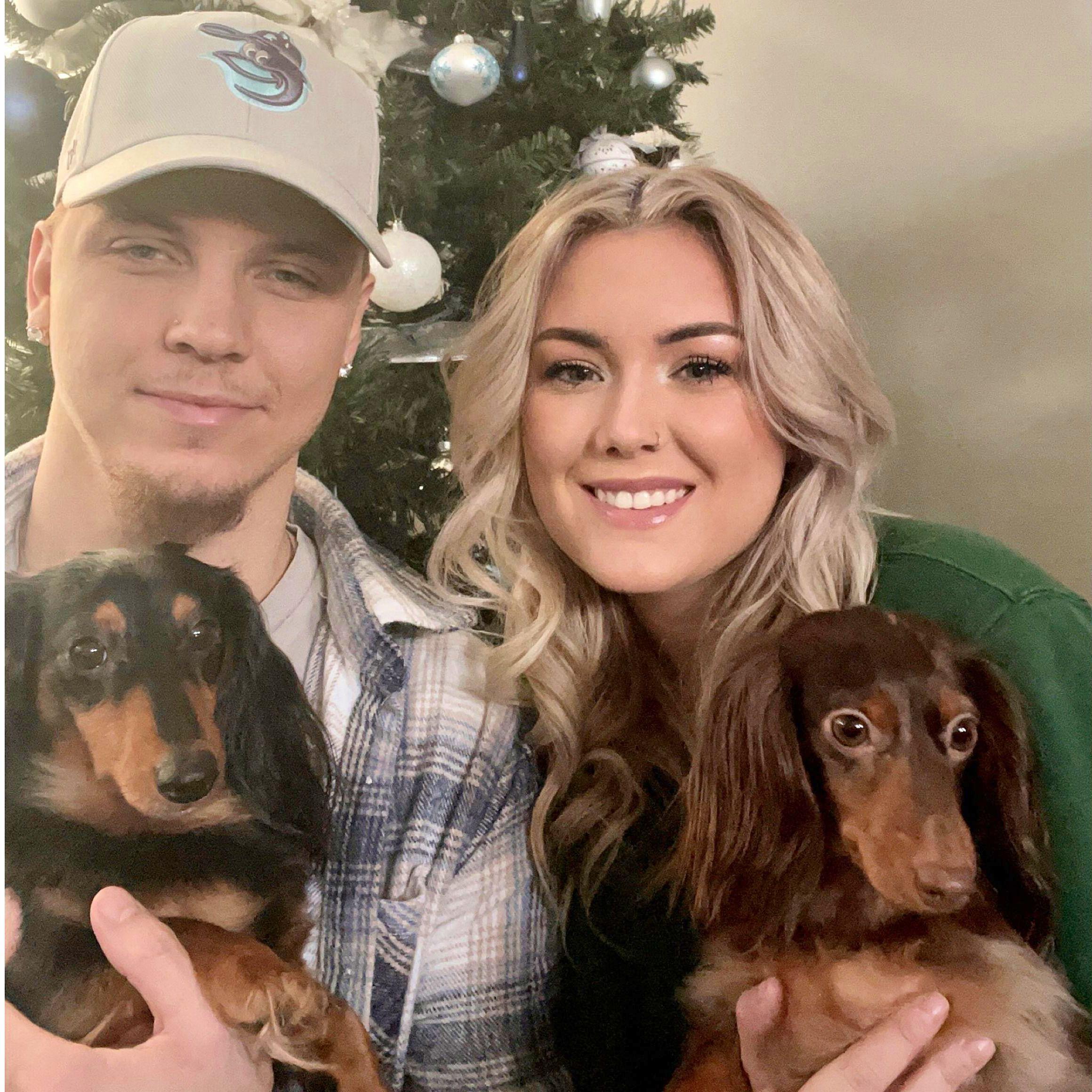 Christmas with our two dogs, Cash and Penny.