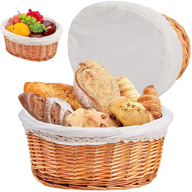 Nicunom Rattan Bread Basket, Large 12x9" Wicker Fruit Basket, Bread Storage Basket with Removable Liner and Cover - Bread Serving Basket for Home, Outdoor Picnics