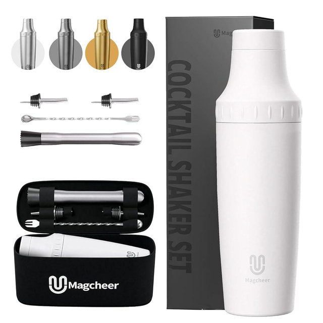Magcheer Hybrid Cocktail Shaker Set | Vacuum Insulated Stainless Steel Martini Shaker with Strainer & Jigger Lid | Travel cocktail kit with Bartender Accessory Tools | 30oz | White