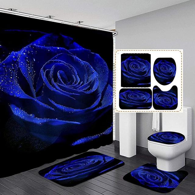 Camille&Andrew 4PCS/Set Dewy Royal Blue Rose Shower Curtain, Valentine's Day Gift Elegant Floral Romantic Flower Bathroom Decor, Fabric Bath Curtain Non-slip Bath Rugs Toilet Carpet Bathroom Mat, Blue